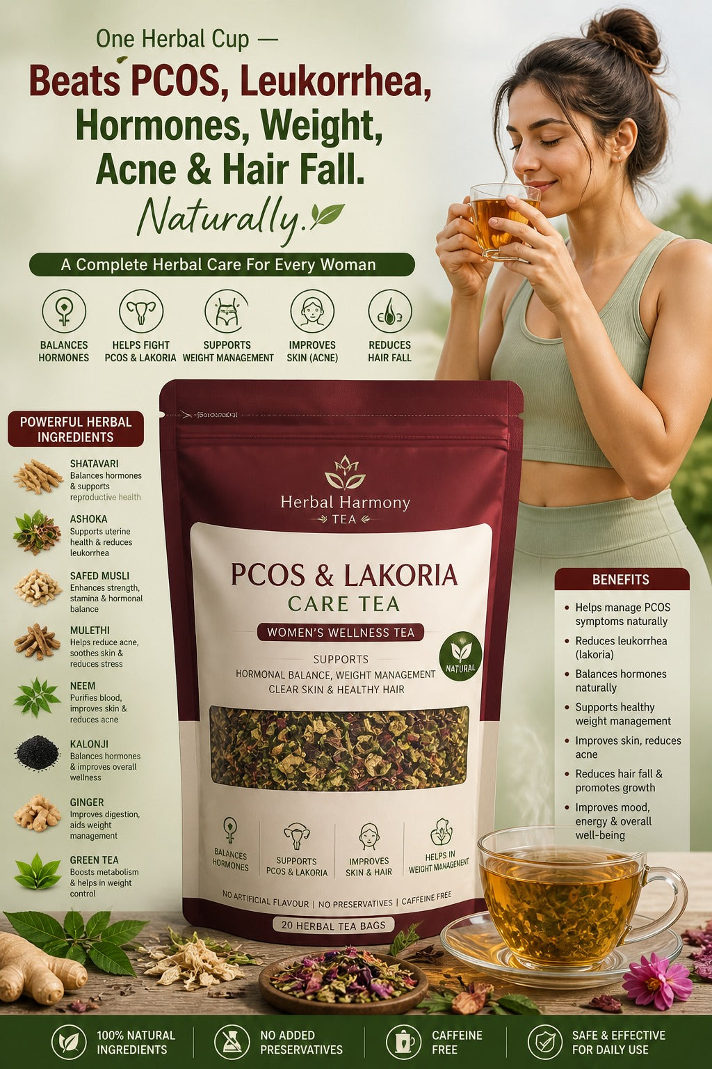 PCOS & Leukorrhea Care Herbal Tea – Women’s Hormone Balance, Weight, Skin & Hair Support