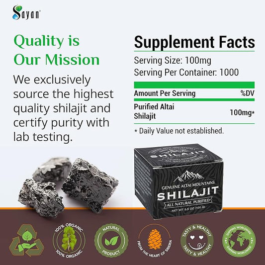 Sayan Pure Shilajit Resin 3.5oz/100g, 660 Servings - Potent Organic Fulvic Acid Supplement - Supports Immune System, Memory, Focus, and Provides Natural Energy, Detox - Vegan, Non-GMO