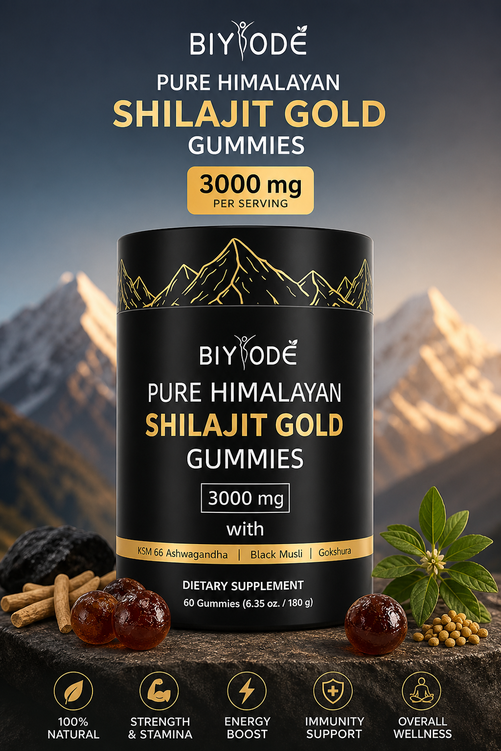 Pure Himalayan Shilajit Gold Gummies 3000mg – Energy, Strength & Immunity Support