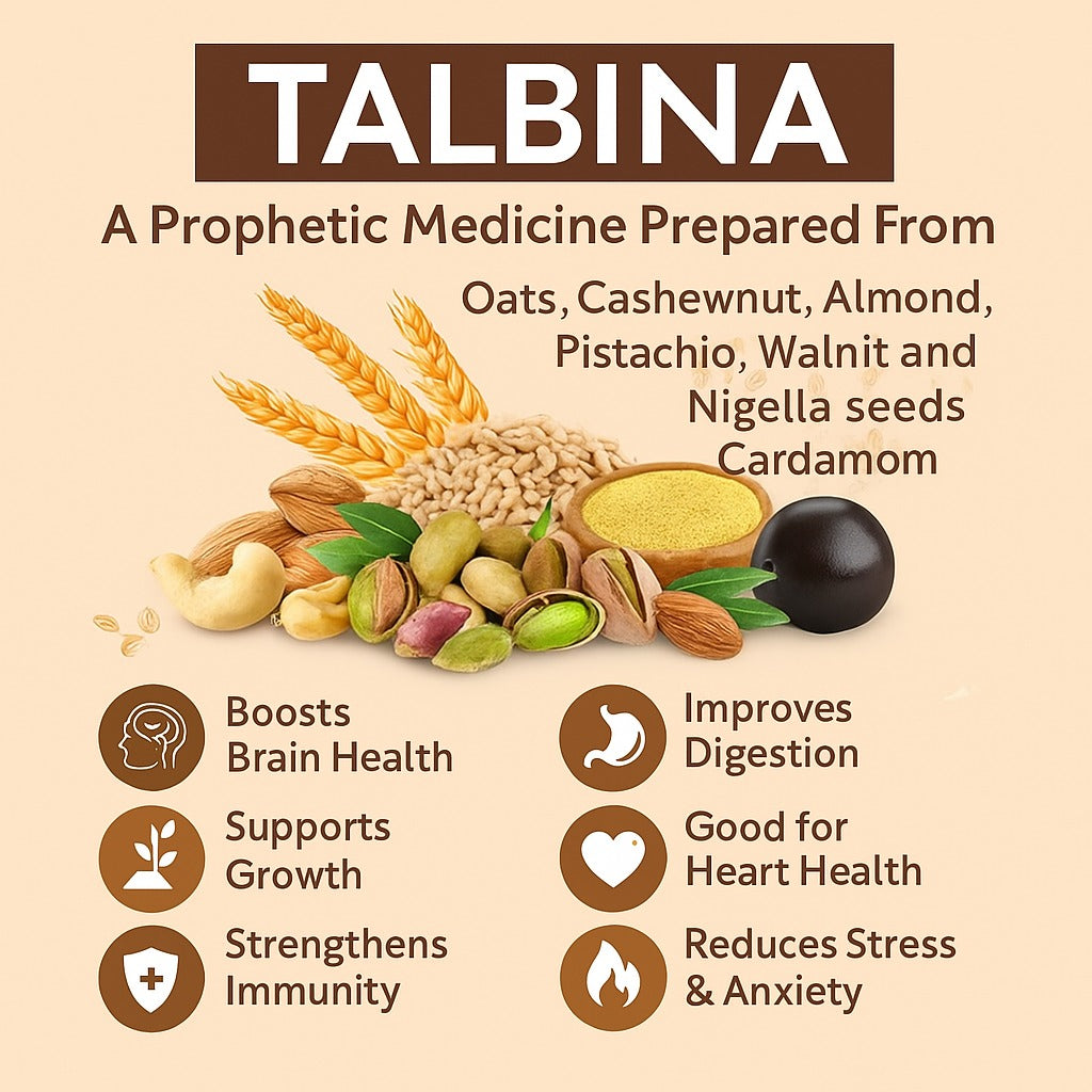 TALBINA | A prophetic medicine prepared from barley Oats, Cashewnut, Almond, Pistachio, Walnut, Nigella seeds, Cardamom, Poppy Seeds & olive & Almond