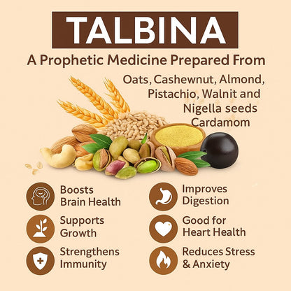TALBINA | A prophetic medicine prepared from barley Oats, Cashewnut, Almond, Pistachio, Walnut, Nigella seeds, Cardamom, Poppy Seeds & olive & Almond