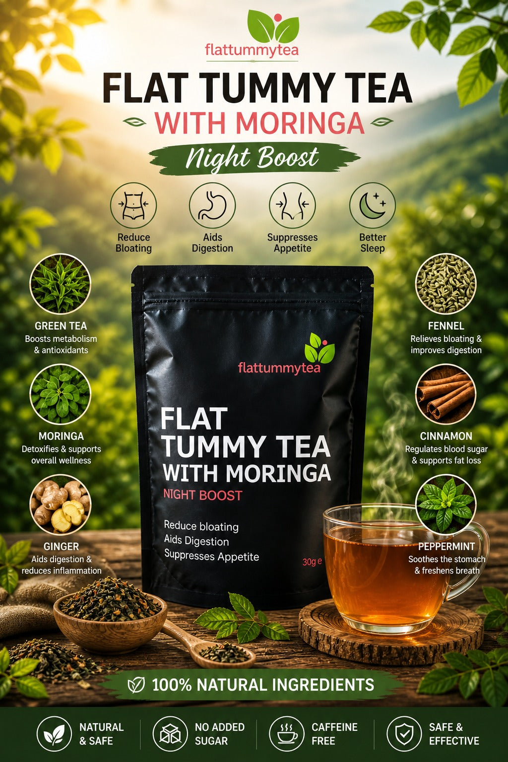 Flat Tummy Tea with Moringa – Natural Detox & Digestive Support | Reduce Bloating & Boost Energy