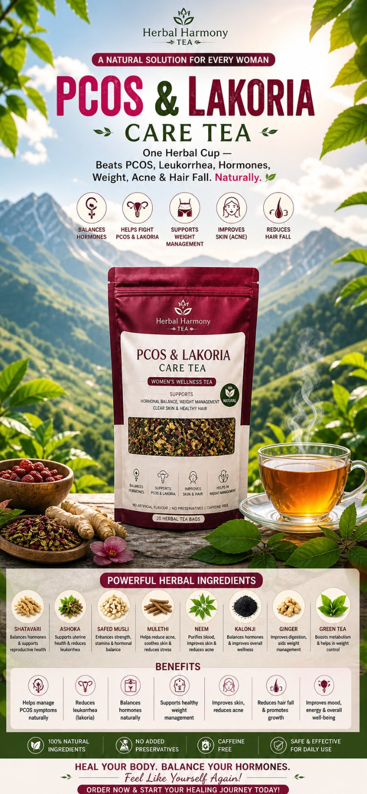 PCOS & Leukorrhea Care Herbal Tea – Women’s Hormone Balance, Weight, Skin & Hair Support
